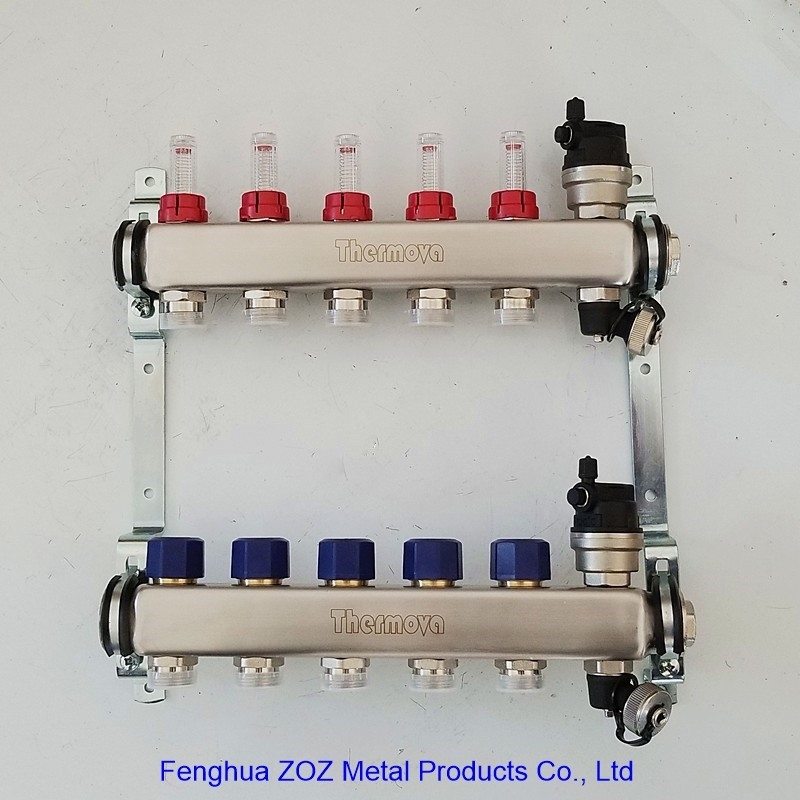 Underfloor heating 5 port flow meter manifold with a drain and automatic vent assembly , Radiant Heat Manifold Assembly
